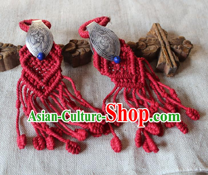 Chinese Handmade Miao Nationality Silver Carving Earrings Traditional Minority Ethnic Red Sennit Ear Accessories for Women