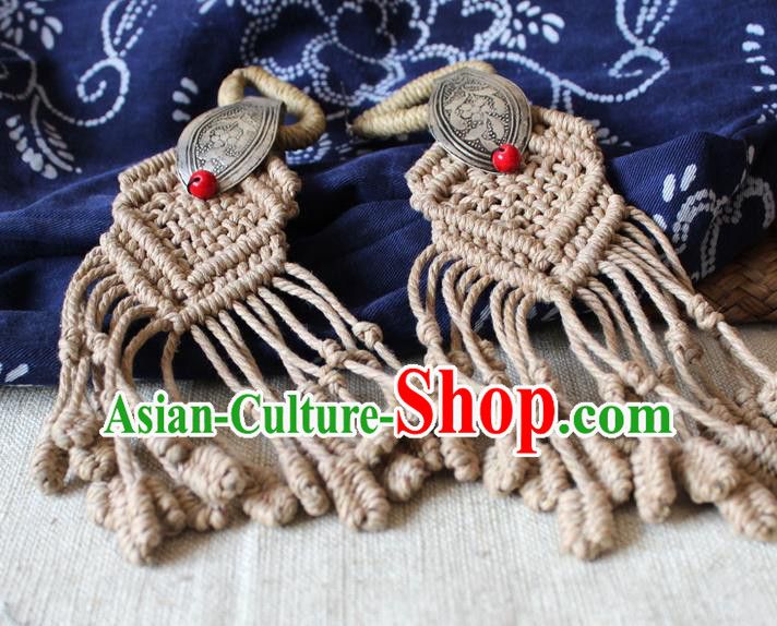 Chinese Handmade Miao Nationality Silver Carving Earrings Traditional Minority Ethnic Flaxen Sennit Ear Accessories for Women