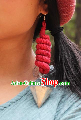 Chinese Handmade Miao Ethnic Silver Ear Accessories Traditional Minority Sennit Earrings for Women