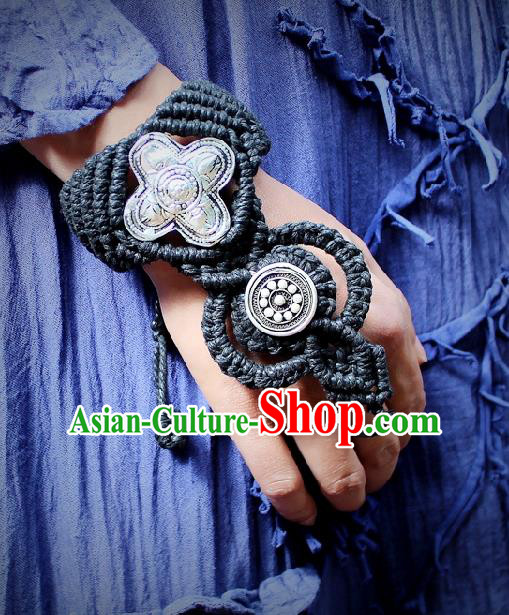 Chinese Handmade Miao Ethnic Silver Wristband Accessories Traditional Minority Sennit Bracelet Bangle for Women