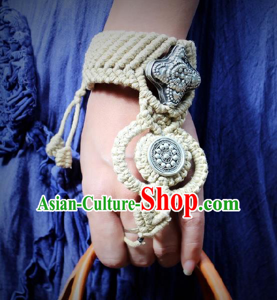 Chinese Handmade Miao Ethnic Silver Wristband Accessories Traditional Minority Beige Sennit Bracelet Bangle for Women