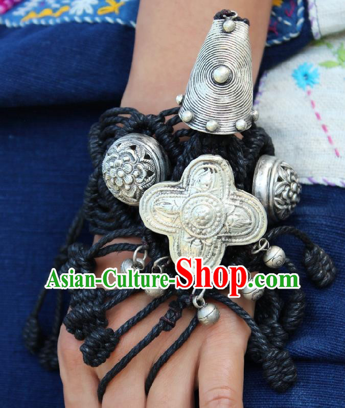 Chinese Handmade Miao Ethnic Silver Bells Wristband Accessories Traditional Minority Black Sennit Bracelet Bangle for Women