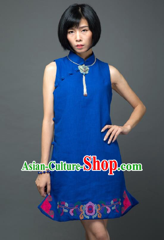 Traditional Chinese Blue Flax Qipao Dress National Costume Tang Suit Plated Buttons Cheongsam Garment for Women