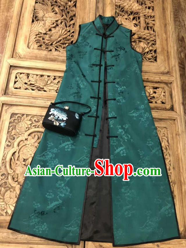 Traditional Chinese Green Silk Long Vest National Costume Republic of China Stand Collar Dress for Women