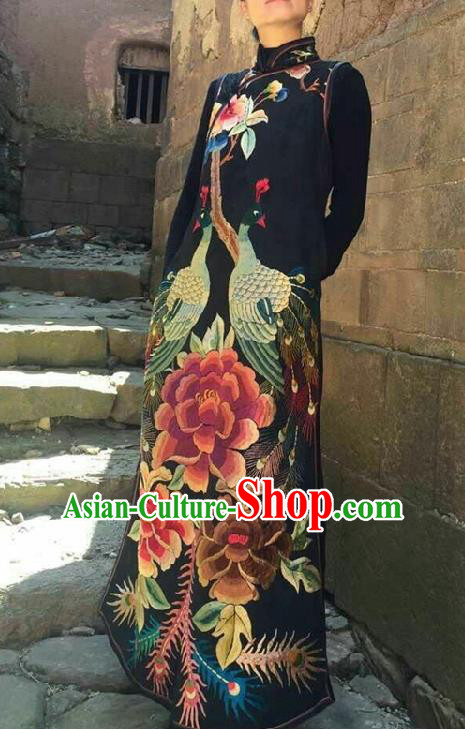 Traditional Chinese Embroidered Peacock Peony Cheongsam National Costume Republic of China Stand Collar Qipao Dress for Women