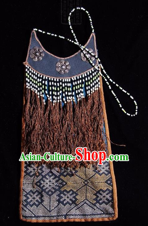 Chinese Handmade Miao Ethnic Embroidered Necklet Collar Accessories Traditional Minority Brown Tassel Necklace for Women