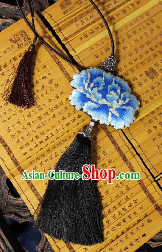 Chinese Handmade Miao Nationality Embroidered Peony Necklet Accessories Traditional Minority Ethnic Black Tassel Necklace for Women