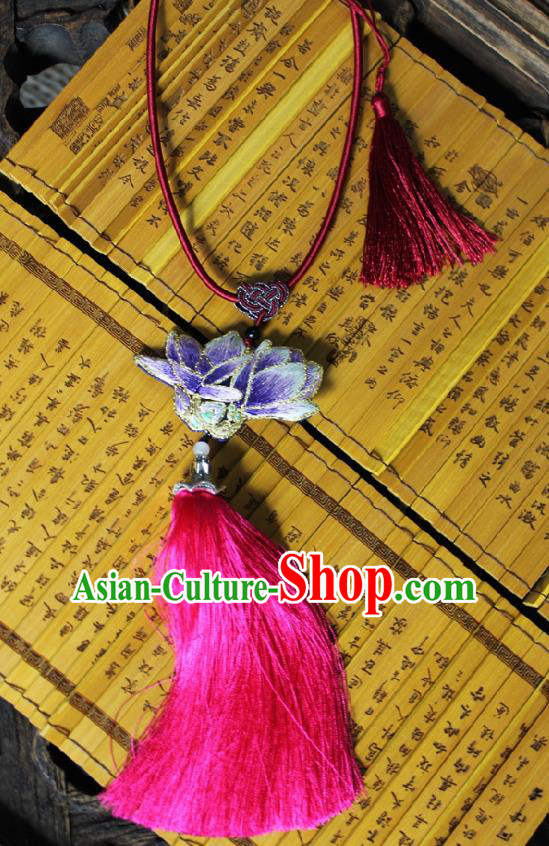 Chinese Handmade Miao Nationality Embroidered Yulan Magnolia Necklet Accessories Traditional Minority Ethnic Rosy Tassel Necklace for Women