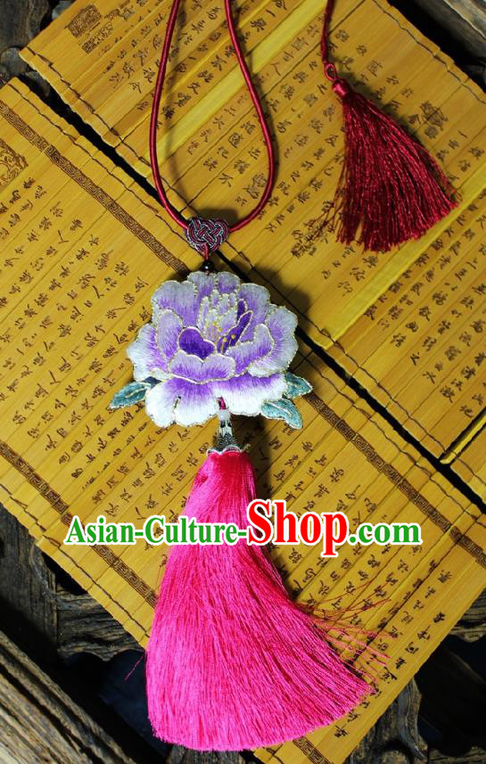 Chinese Handmade Miao Nationality Embroidered Purple Peony Necklet Accessories Traditional Minority Ethnic Rosy Tassel Necklace for Women