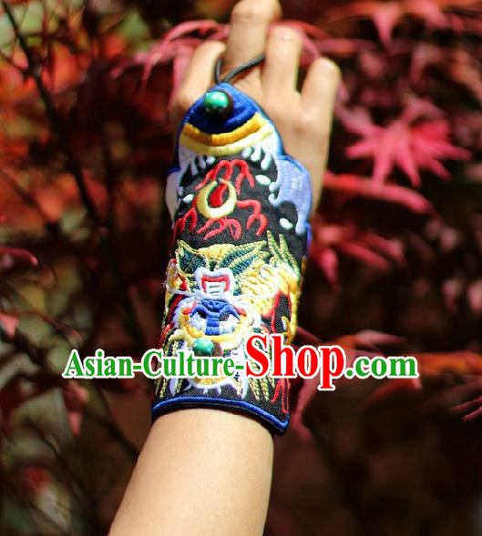 Chinese Handmade Miao Ethnic Embroidered Tiger Black Wristband Accessories Traditional Minority Bracelet Cloth Bangle for Women