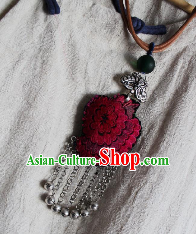 Chinese Handmade Miao Nationality Embroidered Jewelry Accessories Traditional Minority Ethnic Bells Tassel Necklace for Women