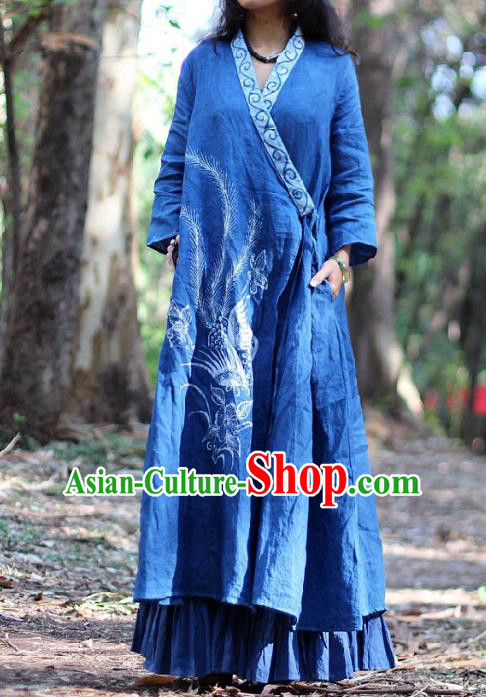 Traditional Chinese Hand Painting Phoenix Blue Coat National Costume Tang Suit Batik Garment Slant Opening Overcoat for Women