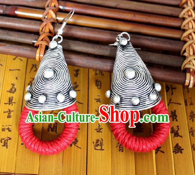 Chinese Handmade Miao Nationality Red Sennit Ear Accessories Traditional Minority Ethnic Silver Earrings for Women