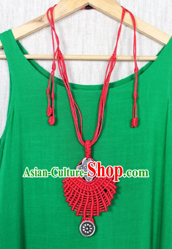 Chinese Handmade Miao Nationality Red Sennit Accessories Traditional Minority Ethnic Silver Carving Necklace for Women