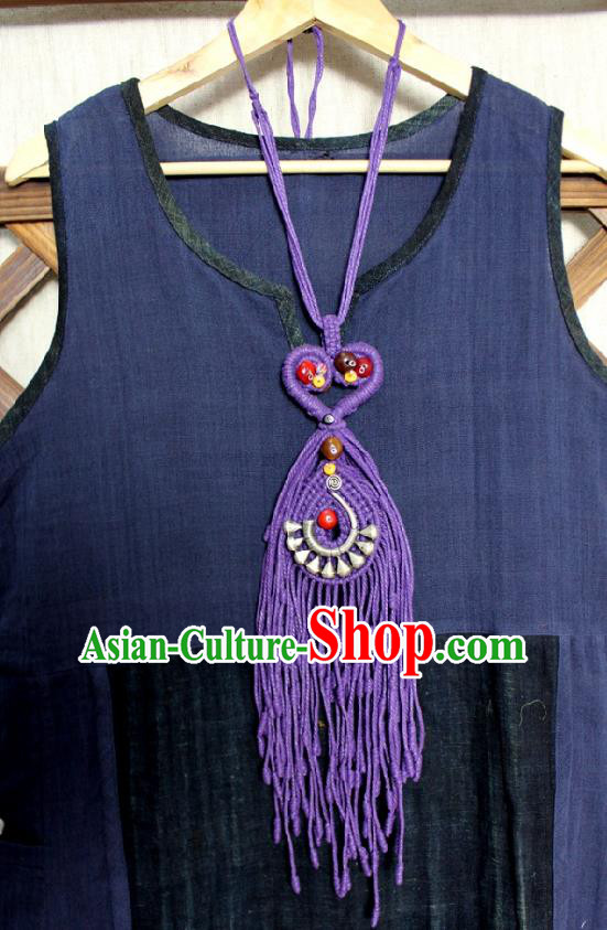 Chinese Handmade Miao Nationality Purple Sennit Tassel Accessories Traditional Minority Ethnic Silver Necklace for Women
