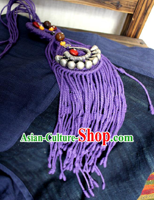 Chinese Handmade Miao Nationality Purple Sennit Tassel Accessories Traditional Minority Ethnic Silver Necklace for Women