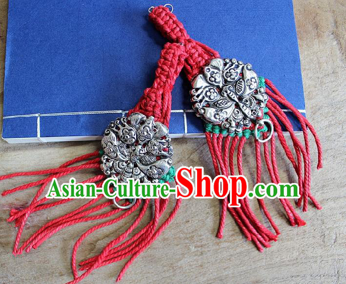 Chinese Handmade Miao Nationality Red Sennit Tassel Ear Accessories Traditional Minority Ethnic Silver Butterfly Earrings for Women