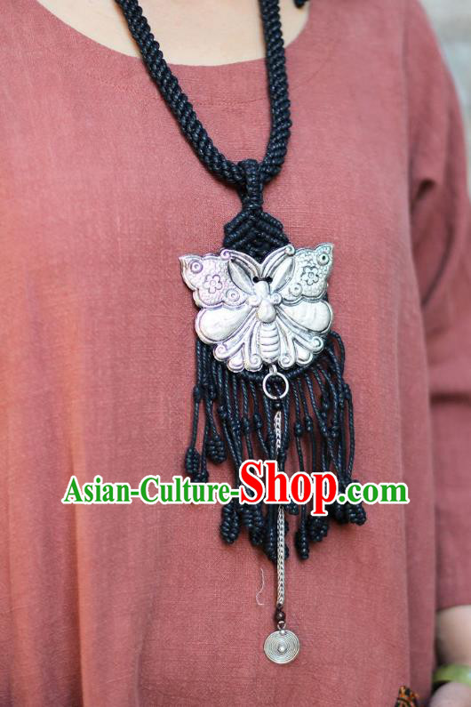 Chinese Handmade Miao Nationality Black Sennit Tassel Necklace Accessories Traditional Minority Ethnic Silver Butterfly Necklet for Women