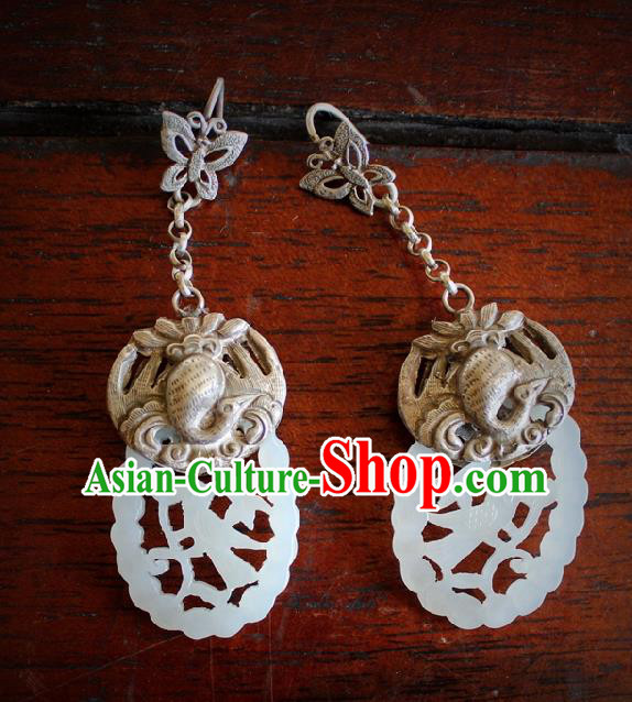Chinese Handmade Miao Nationality Silver Carving Bird Ear Accessories Traditional Minority Ethnic Jade Earrings for Women