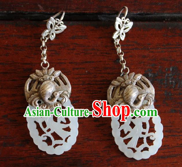 Chinese Handmade Miao Nationality Silver Carving Bird Ear Accessories Traditional Minority Ethnic Jade Earrings for Women