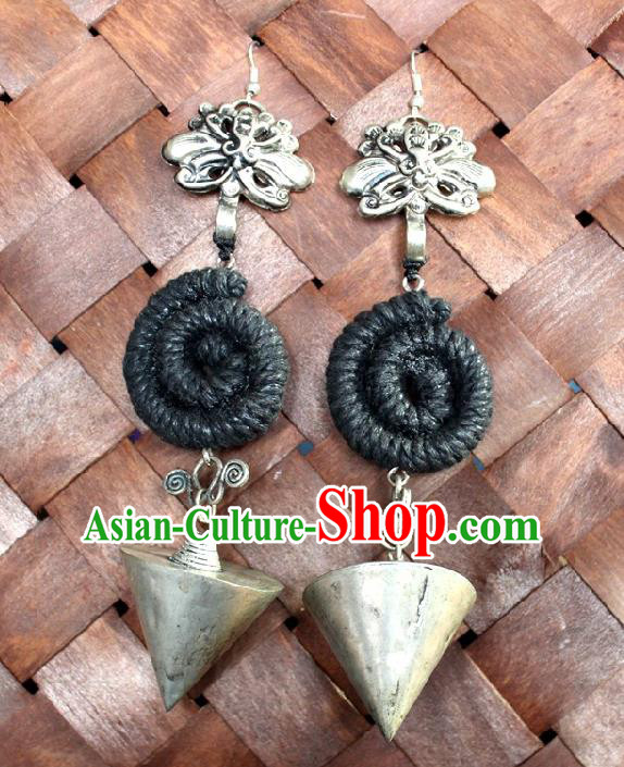Chinese Handmade Miao Nationality Silver Cone Earrings Traditional Minority Ethnic Black Sennit Ear Accessories for Women