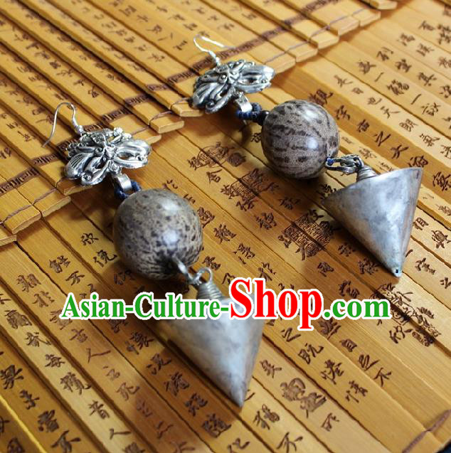 Chinese Handmade Miao Nationality Silver Carving Butterfly Earrings Traditional Minority Ethnic Cone Ear Accessories for Women