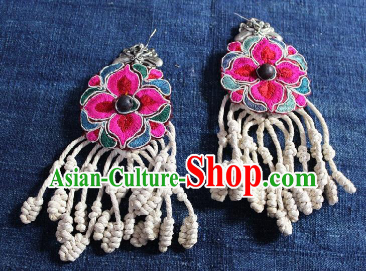 Chinese Handmade Miao Nationality Embroidered Flower Earrings Traditional Minority Ethnic Sennit Tassel Ear Accessories for Women