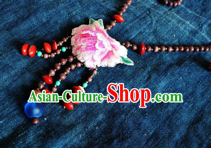 Chinese Handmade Miao Nationality Embroidered Pink Peony Necklace Traditional Minority Ethnic Beads Tassel Necklet Accessories for Women