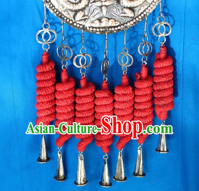 Chinese Handmade Miao Nationality Red Sennit Tassel Necklace Traditional Minority Ethnic Silver Carving Dragon Necklet Accessories for Women