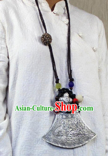 Chinese Handmade Miao Nationality Necklace Traditional Minority Ethnic Silver Carving Phoenix Necklet Accessories for Women