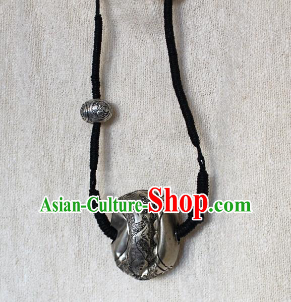 Chinese Handmade Miao Nationality Twine Necklace Traditional Minority Ethnic Silver Carving Ball Necklet Accessories for Women