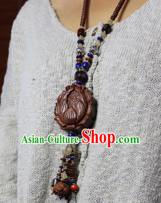 Chinese Handmade Miao Nationality Sandalwood Necklace Traditional Minority Ethnic Carving Lotus Necklet Accessories for Women