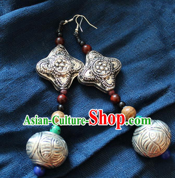 Chinese Handmade Miao Nationality Silver Large Earrings Traditional Minority Ethnic Carving Ear Accessories for Women