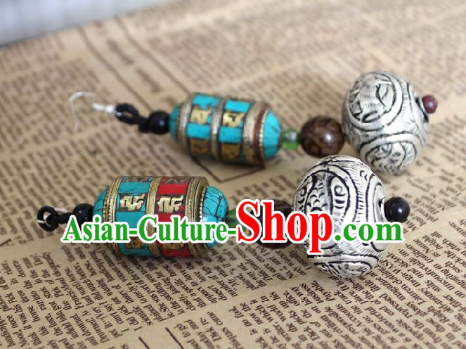 Chinese Handmade Miao Nationality Prayer Wheel Earrings Traditional Minority Ethnic Carving Silver Ear Accessories for Women