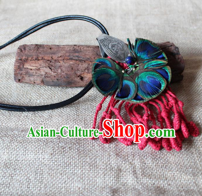Chinese Handmade Miao Nationality Feather Necklace Traditional Minority Ethnic Tassel Necklet Accessories for Women