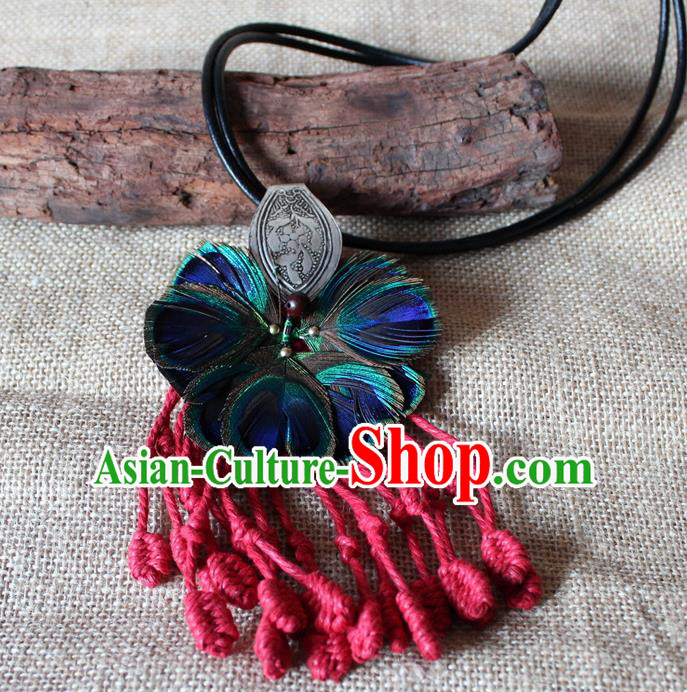 Chinese Handmade Miao Nationality Feather Necklace Traditional Minority Ethnic Tassel Necklet Accessories for Women