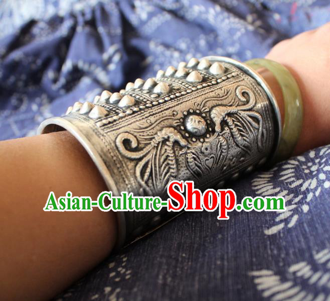 Chinese Handmade Miao Ethnic Silver Carving Wide Bangle Accessories Traditional Minority Stage Show Bracelet for Women