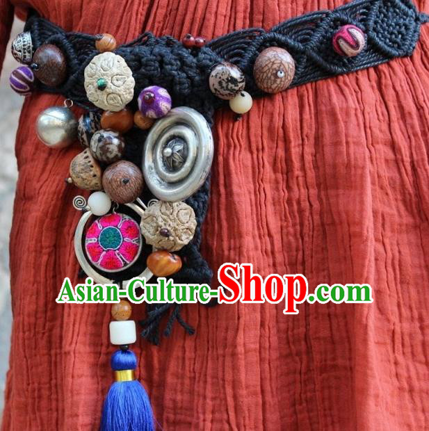 Chinese Handmade Miao Nationality Silver Belt Traditional Minority Ethnic Nutlet Waistband Accessories for Women
