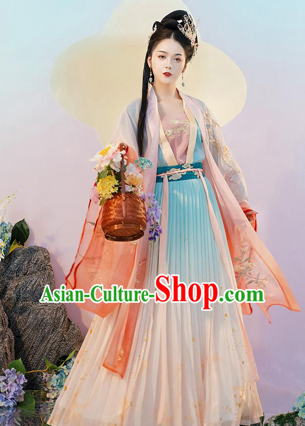 Traditional Chinese Tang Dynasty Noble Woman Hanfu Dress Apparels Ancient Royal Princess Historical Costumes Embroidered Cape Blouse and Skirt Complete Set