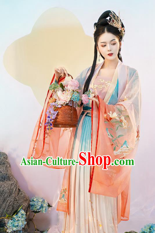 Traditional Chinese Tang Dynasty Noble Woman Hanfu Dress Apparels Ancients Royal Princess Historical Costumes Embroidered Cape Blouse and Skirt Complete Set