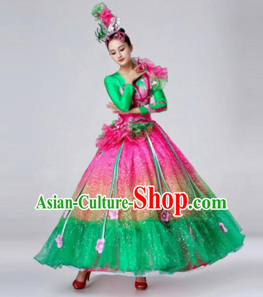 Traditional Chinese Peony Dance Outfits Classical Dance Green Dress Opening Dance Stage Performance Costume for Women
