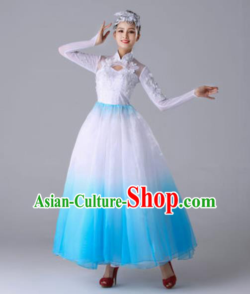 Traditional Chinese Chorus Sing Dance Outfits Classical Dance Blue Dress Opening Dance Stage Performance Costume for Women