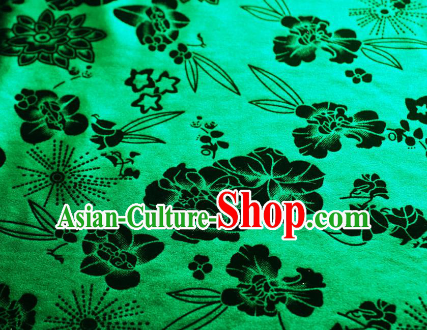 Chinese Traditional Flowers Pattern Design Green Flocking Fabric Velvet Cloth Asian Pleuche Material