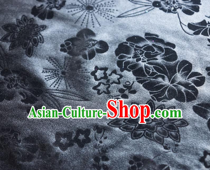 Chinese Traditional Flowers Pattern Design Black Flocking Fabric Velvet Cloth Asian Pleuche Material