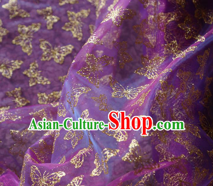 Chinese Traditional Butterfly Pattern Design Violet Veil Fabric Cloth Organdy Material Asian Dress Grenadine Drapery