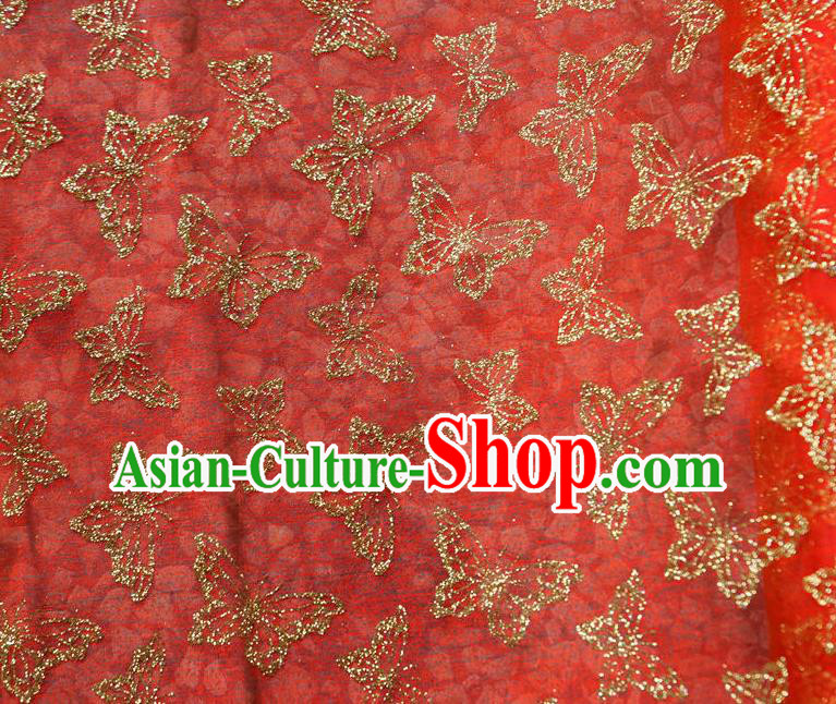 Chinese Traditional Butterfly Pattern Design Red Veil Fabric Cloth Organdy Material Asian Dress Grenadine Drapery