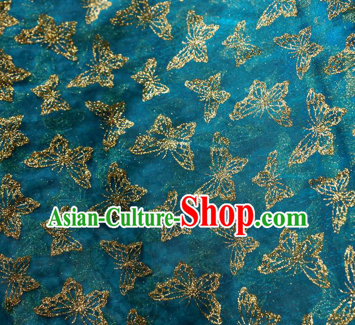 Chinese Traditional Butterfly Pattern Design Lake Blue Veil Fabric Cloth Organdy Material Asian Dress Grenadine Drapery