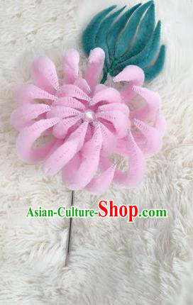Chinese Traditional Qing Dynasty Imperial Concubine Pink Velvet Chrysanthemum Hairpin Headwear Ancient Manchu Woman Hair Accessories Hair Clip