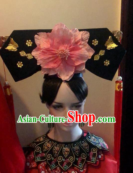 Chinese Traditional Qing Dynasty Princess Peony Flag Bun Headwear Drama Princess of Pearl Ancient Manchu Lady Xia Ziwei Hair Accessories