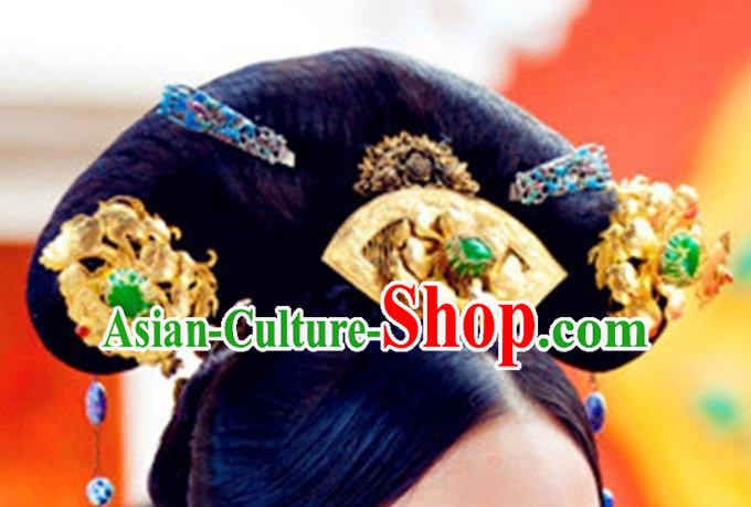 Chinese Traditional Qing Dynasty Palace Lady Wigs and Hairpin Headwear Drama The Palace Ancient Empress Lian Er Hair Accessories